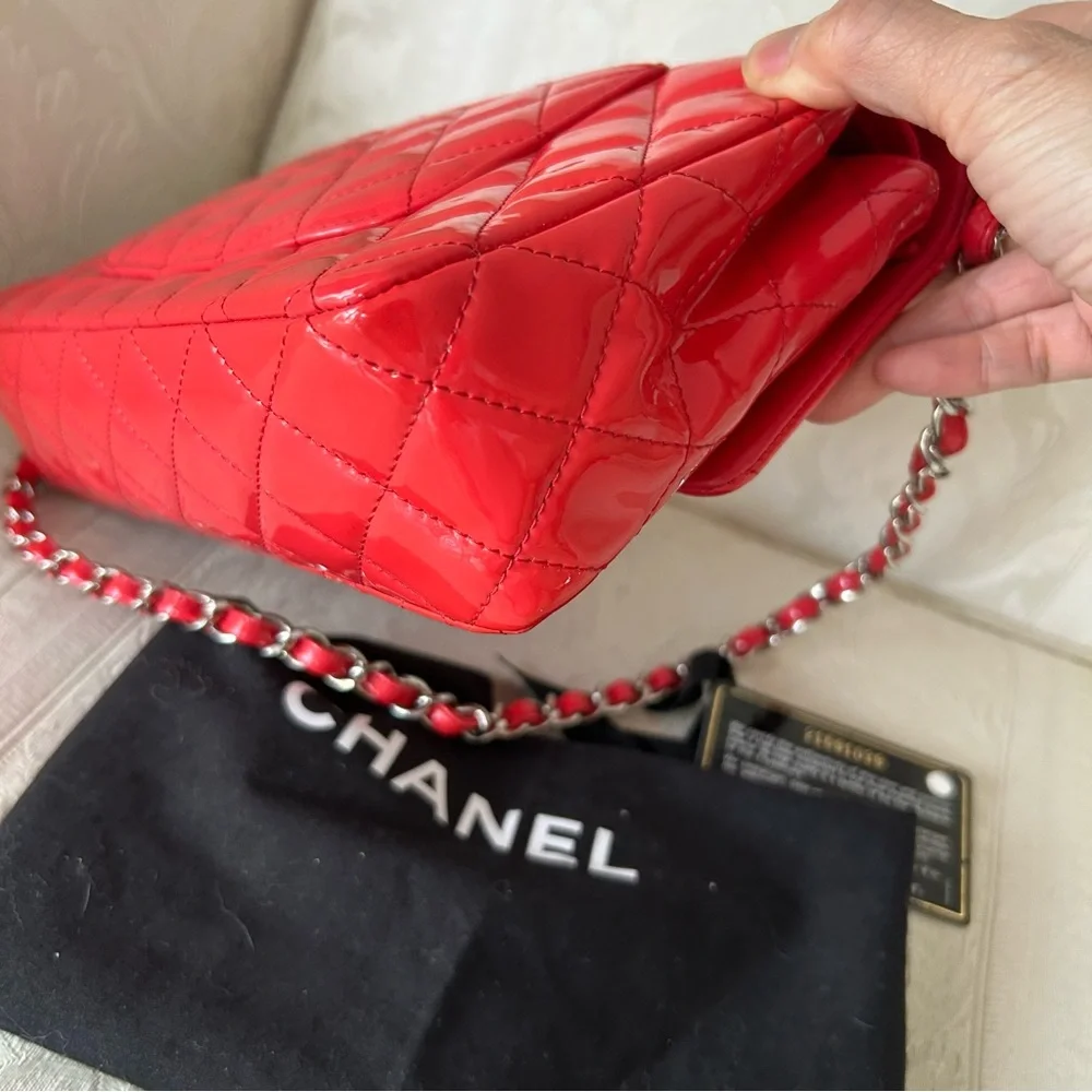 Authentic Chanel Red Patent Leather Medium Classic Double Flap Bag with card